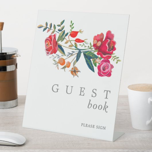 Stijlvolle rode rozen bruiloft reclamebord met voetstuk (Insitu)