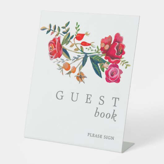 Stijlvolle rode rozen bruiloft reclamebord met voetstuk (Voorkant)