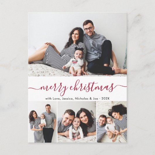 Stijlvolle rode script fotocollage kerst briefkaart (Voorkant)