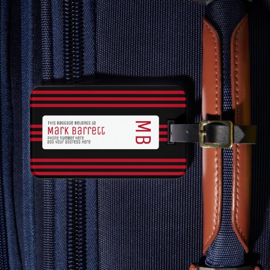 Stijlvolle rode strepen monogram (naam & initialen bagagelabel (Voorkant Insitu 4)