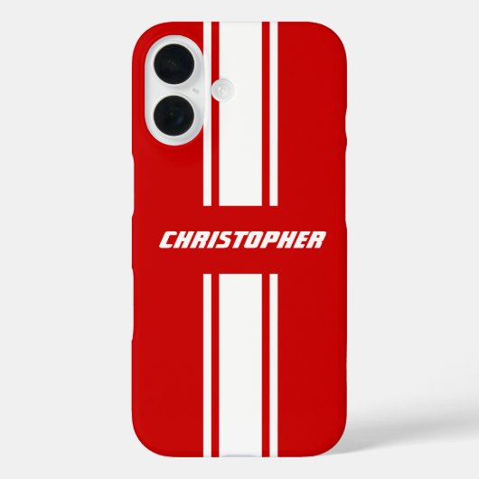 Stijlvolle rode witte racestapes monogrammed-jonge Case-Mate iPhone case (Achterkant)