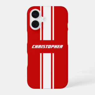 Stijlvolle rode witte racingstrepen Monogram jonge iPhone 16 Hoesje