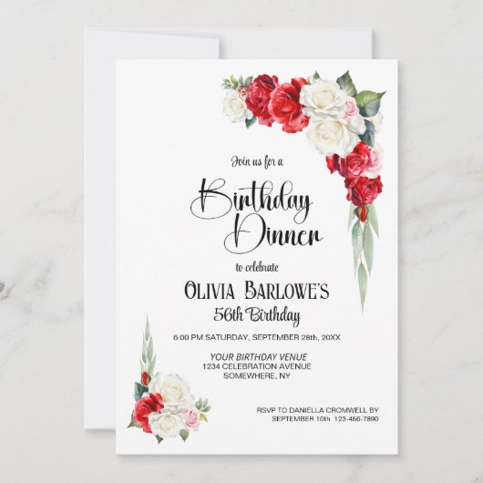 Stijlvolle rode witte roos Bloemen Verjaardagsdine Kaart (Voorkant)