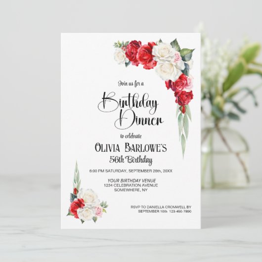 Stijlvolle rode witte roos Bloemen Verjaardagsdine Kaart (Staand voorkant)