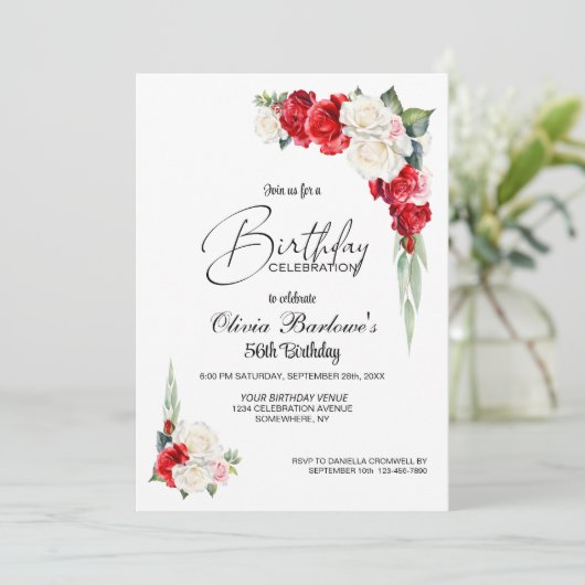 Stijlvolle Rode Witte Roos Bloemen Verjaardagsfees Kaart