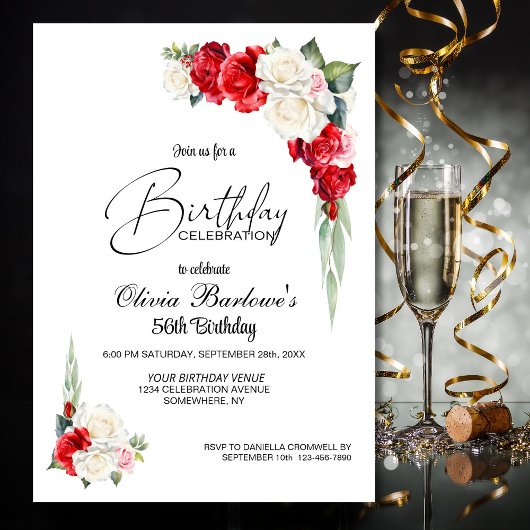 Stijlvolle Rode Witte Roos Bloemen Verjaardagsfees Kaart