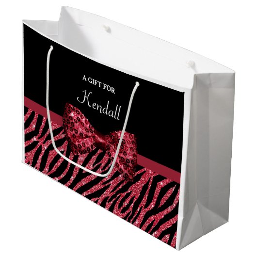Stijlvolle rode zebra print FAUX Glitz Bow met naa Groot Cadeauzakje (Voorkant Gekanteld)