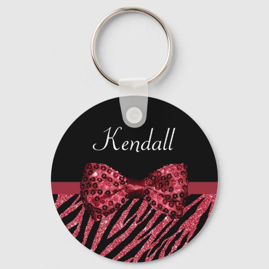 Stijlvolle rode zebra print FAUX Glitz Bow met naa Sleutelhanger (Voorkant)
