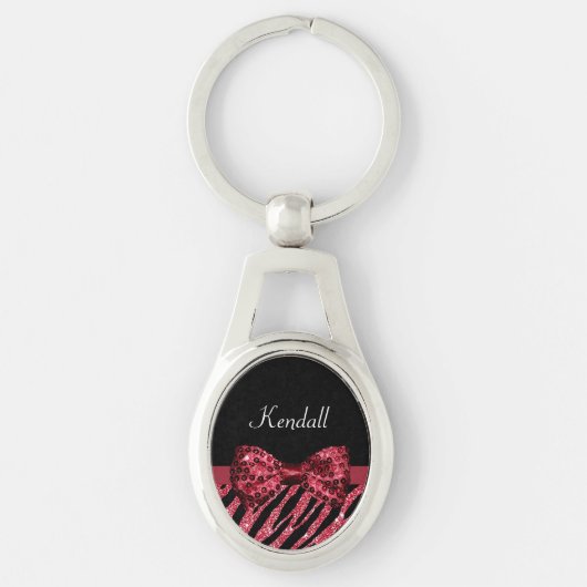 Stijlvolle rode zebra print FAUX Glitz Bow met naa Sleutelhanger (Voorkant)
