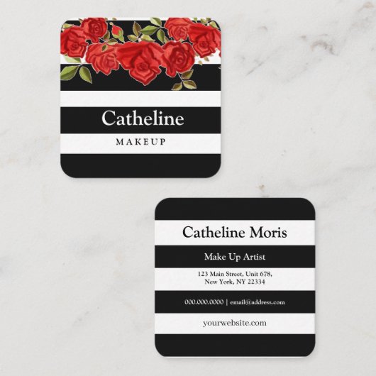 Stijlvolle rode, zwart witte strepen make-up vierkante visitekaartje (Voorkant / Achterkant)