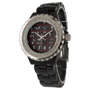 Stijlvolle rode zwarte en witte geometrische Muzie Horloge