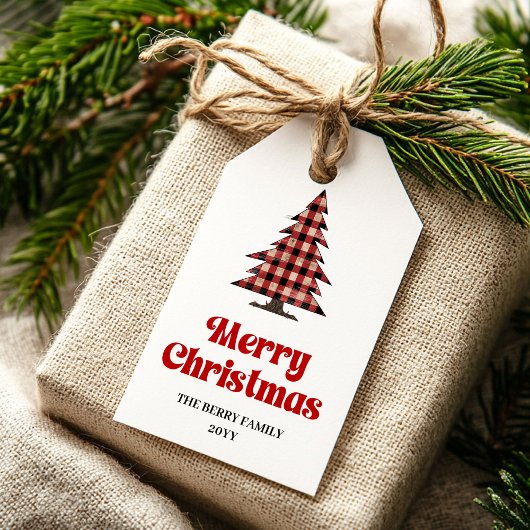 Stijlvolle rode zwarte geruite cadeautag bewerkbaa cadeaulabel