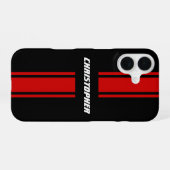 Stijlvolle rode zwarte racing strepen monogram naa iPhone 16 hoesje (Achterkant horizontaal)