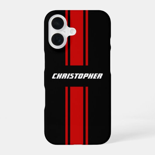 Stijlvolle rode zwarte racing strepen monogram naa iPhone 16 hoesje (Achterkant)
