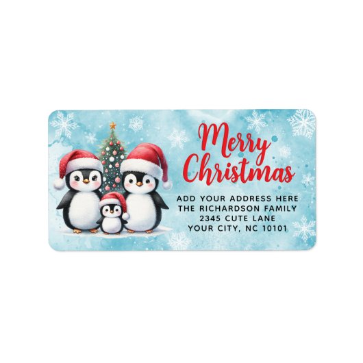 Stijlvolle Rood Blauw Kerst Schattigee Pinguïns Fa Etiket (Voorkant)