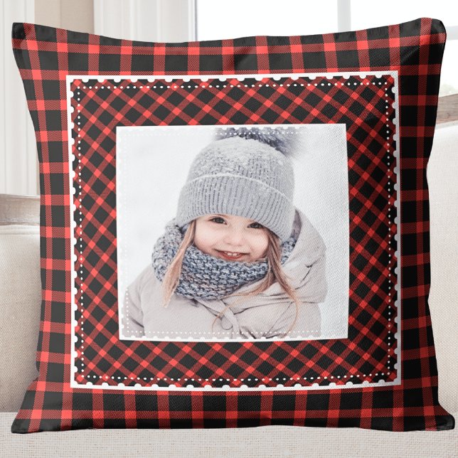 Stijlvolle rood geplakte Kinder foto vakantie kers Kussen (Modern Rustic Buffalo Plaid Kids Photo Holiday Pillow)