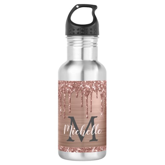 Stijlvolle Roos Gold Glitter Drips Monogrammed Waterfles (Voorkant)