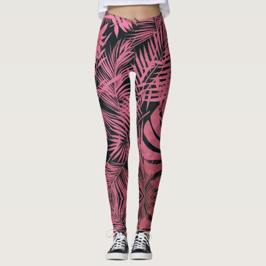 Stijlvolle roos roze palmboom verlaat patroontrend leggings (Voorkant)