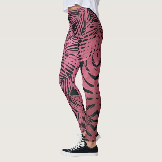 Stijlvolle roos roze palmboom verlaat patroontrend leggings (Links)