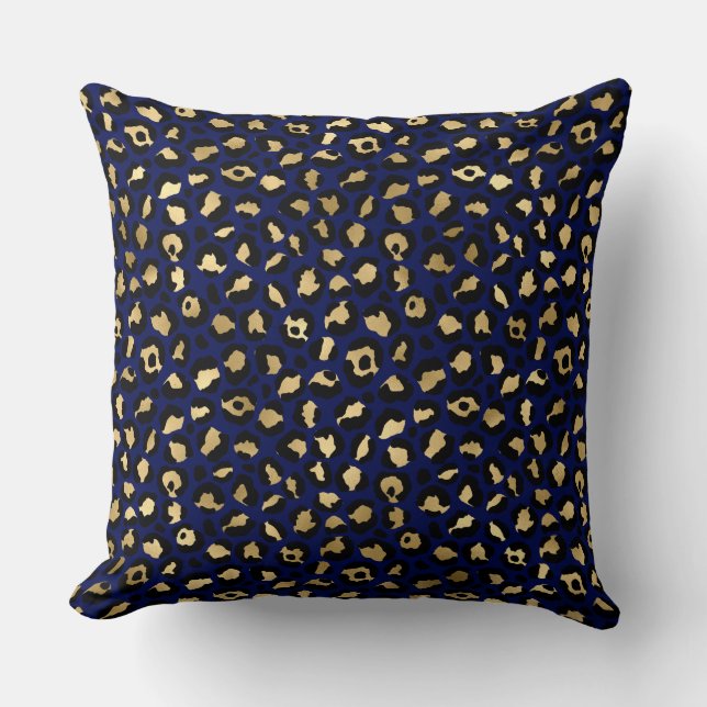 Stijlvolle Royal Blue en Gold Foil Leopard Spots Kussen (Voorkant)