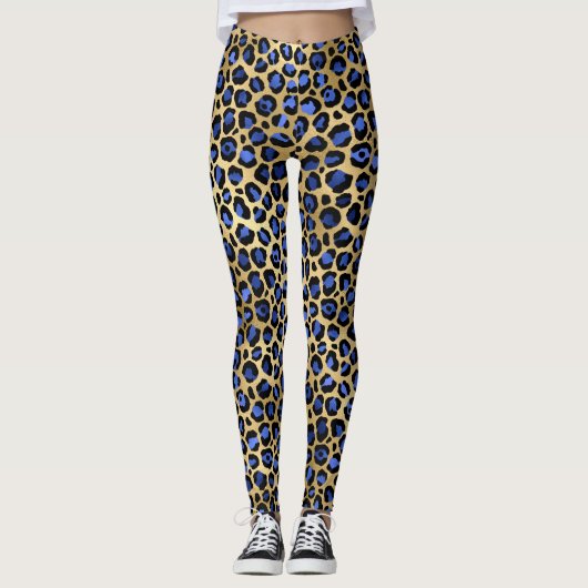 Stijlvolle Royal Blue en Gold Foil Leopard Spots Leggings (Voorkant)