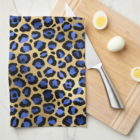 Stijlvolle Royal Blue en Gold Foil Leopard Spots Theedoek (Quarter Fold)
