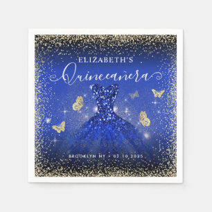 Stijlvolle Royal Blue Gold Glitter Gown Quinceañer Servet