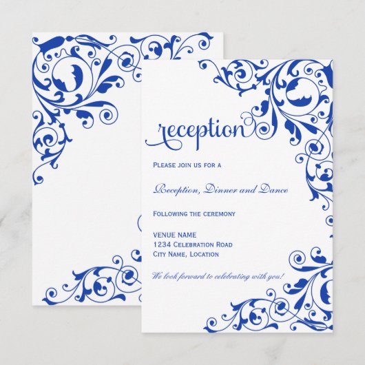 Stijlvolle Royal Blue Swirls Wedding Reception Informatiekaartje (Voorkant / Achterkant)