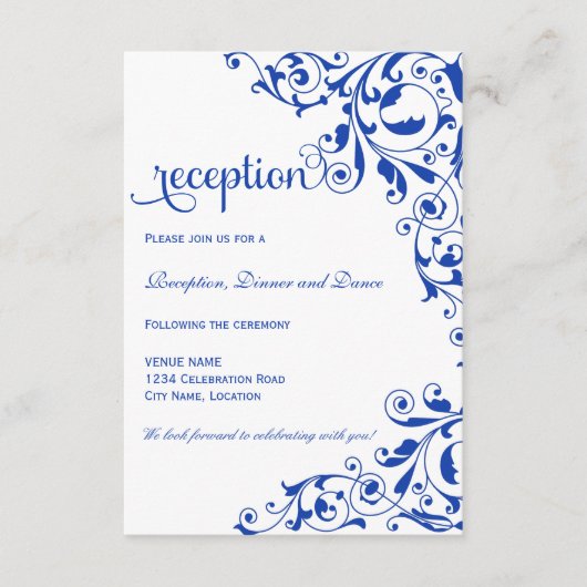 Stijlvolle Royal Blue Swirls Wedding Reception Informatiekaartje (Voorkant)