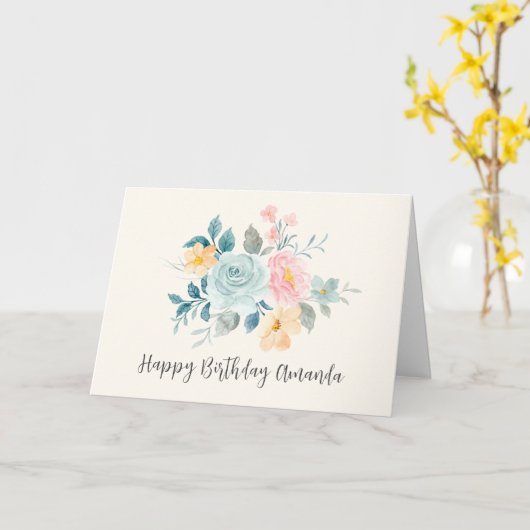 Stijlvolle roze & blauwe bloemenboeket - Verjaarda Kaart (Gele Bloem)