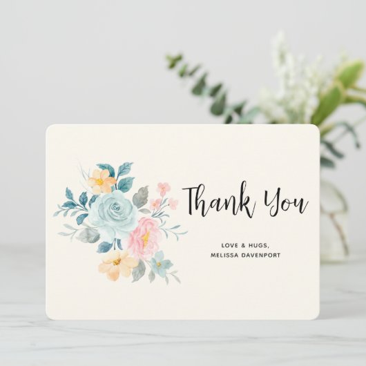 Stijlvolle roze & blauwe ventilator Bouquet - Dank Bedankkaart (Staand voorkant)