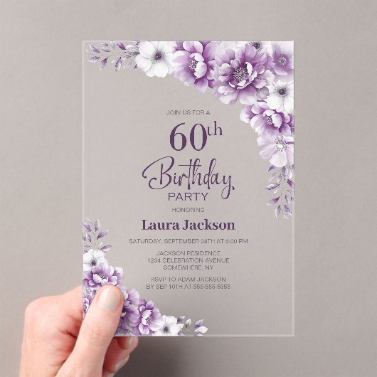 Stijlvolle Roze Bloemen 60ste Verjaardagsfeest Acryl Uitnodigingen (Insitu (Draagbaar))