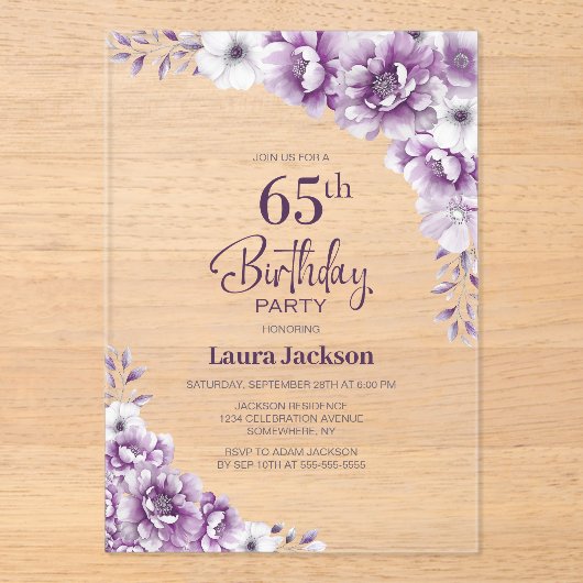 Stijlvolle Roze Bloemen 65ste Verjaardagsfeest Acryl Uitnodigingen (Voorkant)
