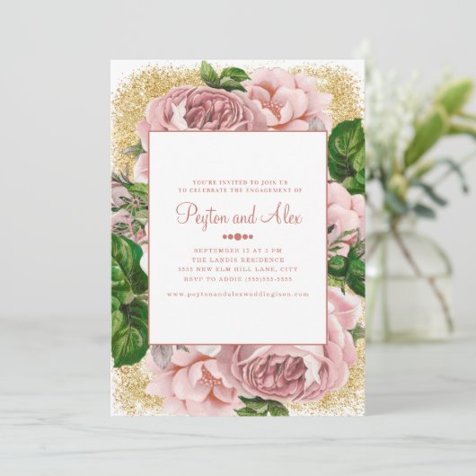 Stijlvolle roze bloemen Gold Glitter Engagement Pa Kaart (Staand voorkant)