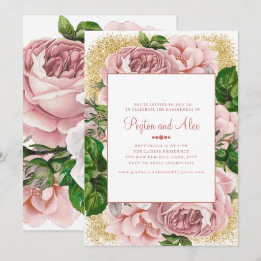 Stijlvolle roze bloemen Gold Glitter Engagement Pa Kaart (Voorkant / Achterkant)