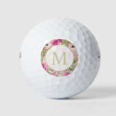 Stijlvolle roze bloemen Groene bladeren Monogram V Golfballen (Voorkant)