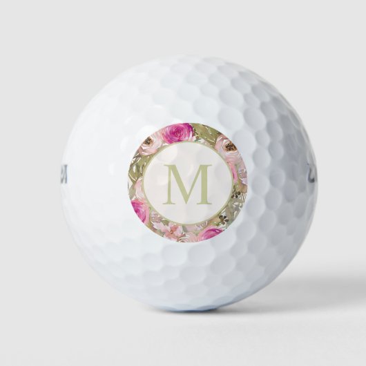 Stijlvolle roze bloemen Groene bladeren Monogram V Golfballen (Voorkant)