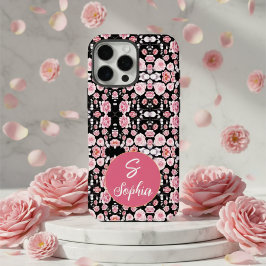 Stijlvolle roze bloemen op zwart patroon Aangepast iPhone 16 Pro Max Hoesje