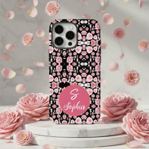 Stijlvolle roze bloemen op zwart patroon Aangepast iPhone 16 Pro Max Hoesje
