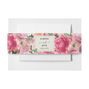 Stijlvolle Roze Bloemen Roos Tuin Goud Lijst Weddi Uitnodigingen Wikkel