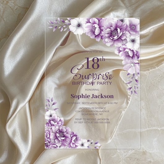 Stijlvolle Roze Bloemen Verrassing 18e Verjaardags Acryl Uitnodigingen