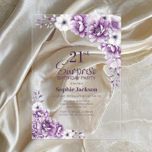 Stijlvolle Roze Bloemen Verrassing 21ste Verjaarda Acryl Uitnodigingen