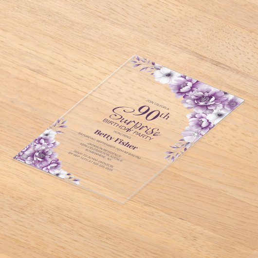 Stijlvolle Roze Bloemen Verrassing 90ste Verjaarda Acryl Uitnodigingen (Laagn)