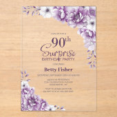 Stijlvolle Roze Bloemen Verrassing 90ste Verjaarda Acryl Uitnodigingen (Voorkant)