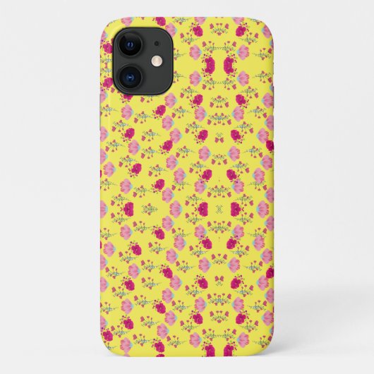 Stijlvolle roze bloemenprint op geel Case-Mate iPhone case (Achterkant)