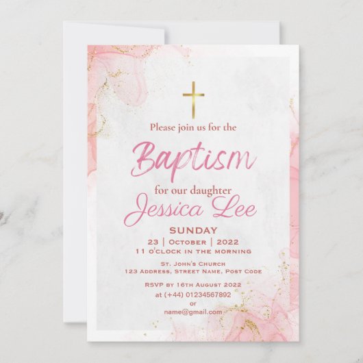 Stijlvolle Roze Dochterbaptisme Kaart voor uitnodi (Voorkant)