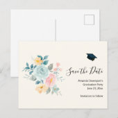 Stijlvolle roze en blauwe bloemen - Afstudeerder s Uitnodiging Briefkaart (Voorkant / Achterkant)