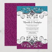 Stijlvolle roze en blauwe glitter Silver Bling Wed Kaart (Voorkant / Achterkant)