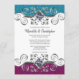 Stijlvolle roze en blauwe glitter Silver Bling Wed Kaart