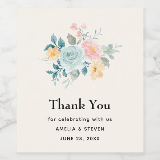 Stijlvolle roze en blauwe ventilator Bouquet Dank Wijn Etiket (Enkel label)